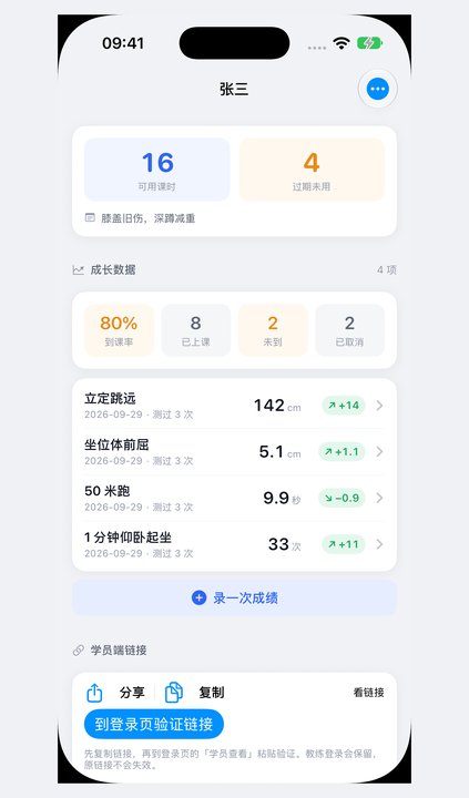 学员档案：可用课时、课包和成长记录。真实 iPhone 模拟器离屏截图，演示数据。